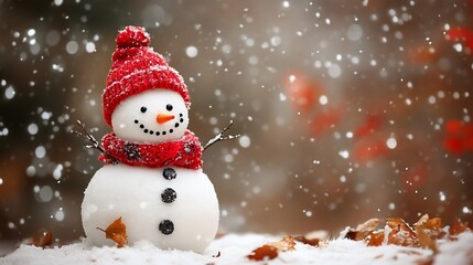 A cheerful snowman wearing a red hat and scarf stands in the snow with falling snowflakes.