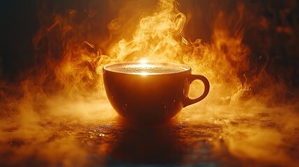 A warm cup of black coffee with golden smoke rises on a dark background, symbolizing a cozy atmosphere for mornings or café settings.