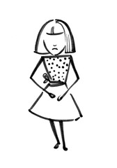 The student, a young girl in a dress, is standing. Child, student, study at school, doodle illustration by liner. Graphic illustration with a cute girl