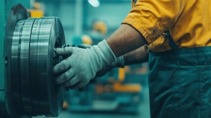 Close up of a skilled factory worker inspecting and manipulating metal parts or equipment components in an industrial manufacturing facility  The worker is wearing protective gloves