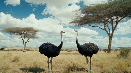 Naklejka premium Two ostriches stand facing each other in a grassy savanna with acacia trees in the background.
