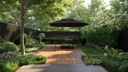 Fototapeta premium Modern wooden deck with plants and an umbrella with seating area in the backyard