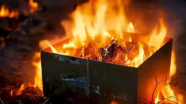 燃え上がるダンボール箱