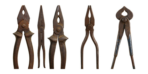 Vintage Tools Collection of Pliers and Clamps, PNG collection, set bundle, isolate on transparent or white background