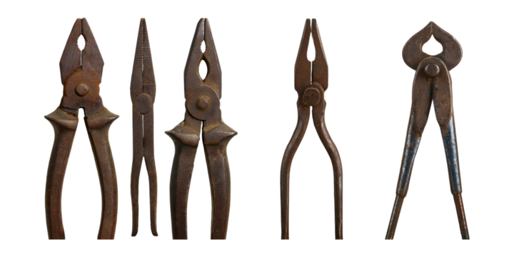 Vintage Tools Collection of Pliers and Clamps, PNG collection, set bundle, isolate on transparent or white background