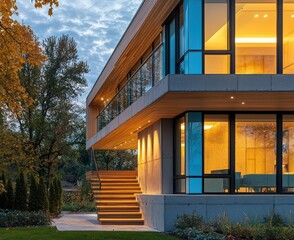 Obraz premium Evening view of Toronto home with light blue windows and modern wood-concrete design.