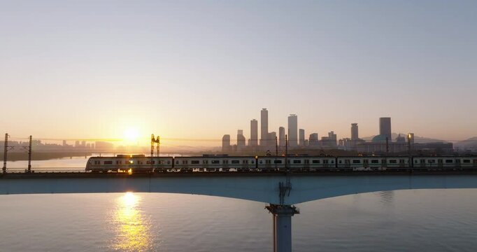 Sunrise Over Han River with Subway Crossing Dangsan Railway Bridge, Seoul Aerial View