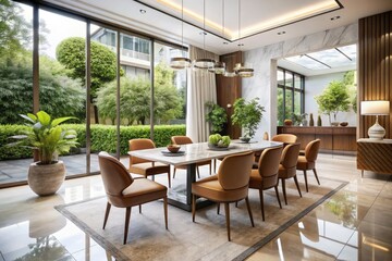 Fototapeta premium Elegant Modern Dining Room with White Marble Flooring and Stylish Brown Chairs Overlooking a Serene Garden