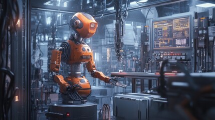Naklejka premium AI-powered industrial robot working in an automated factory setting.