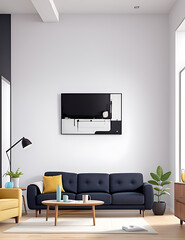 Artistic Mock-Up of a Modern Living Room with a Simple Sofa and Abstract Wall Art in a Minimal Setting