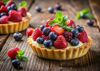 Exquisite Delicious Fruit Tart with Fresh Berries and Cream, Perfectly Arranged on a Rustic Wooden Table, Ideal for Dessert Lovers and Culinary Enthusiasts