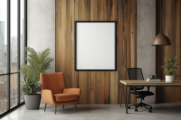 Empty white frame mockup image on wall in large office conference room with desk and chair.