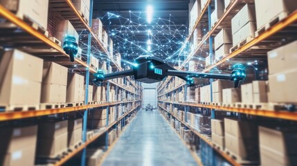 Artificial intelligence in logistics, with digital maps and delivery drones.