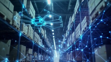 Artificial intelligence in logistics, with digital maps and delivery drones.
