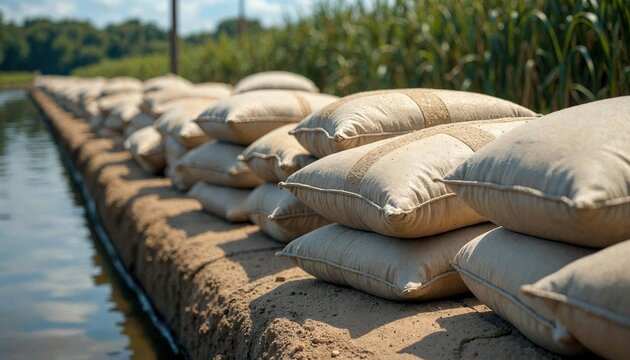 Photorealistic Sandbags on Levee with Calm Waters