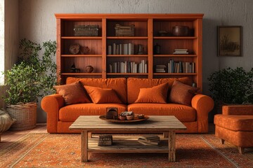 3D cozy home living room with a burnt orange sofa, wooden table, and terracotta rug.