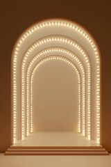 Fototapeta premium 3D render of arches illuminated with white lights on a beige background, a minimalistic scene with empty space in the middle.