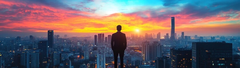 Businessman Overlooking Cityscape at Sunset with Vibrant Sky and Skyscrapers in Modern Urban Environment