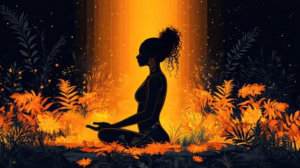 A woman practicing yoga and meditation, surrounded by a serene backdrop, represents healing energy and mindfulness, suitable for wellness banners, cards, or wall art designs.