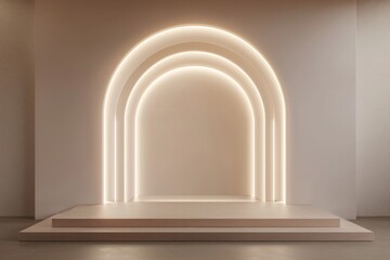 3D render of arches illuminated with white lights on a beige background, a minimalistic scene with empty space in the middle.