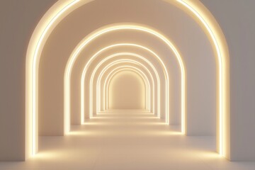 Fototapeta premium 3D render of arches illuminated with white lights on a beige background, a minimalistic scene with empty space in the middle.