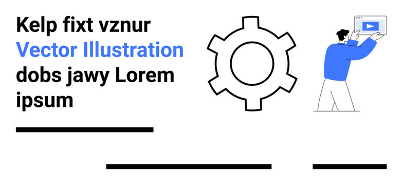 Gear icon, individual holding media, text blocks with lines. Ideal for tech startups, digital media, presentations, web design, educational content, marketing strategies, and business flowcharts