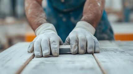 Close up of construction worker carefully measuring and cutting wood using a hand saw to build the frame of a new house on an active construction site  The worker is wearing a hard hat and gloves