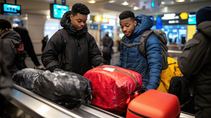 Traveling friends at airport baggage claim, excited for adventure