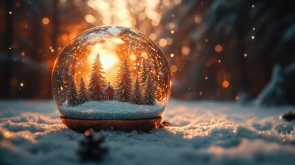 A 4K rendering of a Christmas tree ornament shaped like a festive snow globe, with a miniature winter scene inside.
