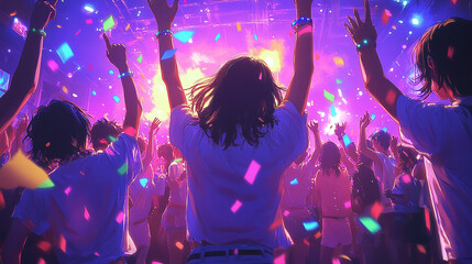 beautiful woman dances confidently at the back of a lively group in a club, radiating joy and freedom in a vibrant social atmosphere