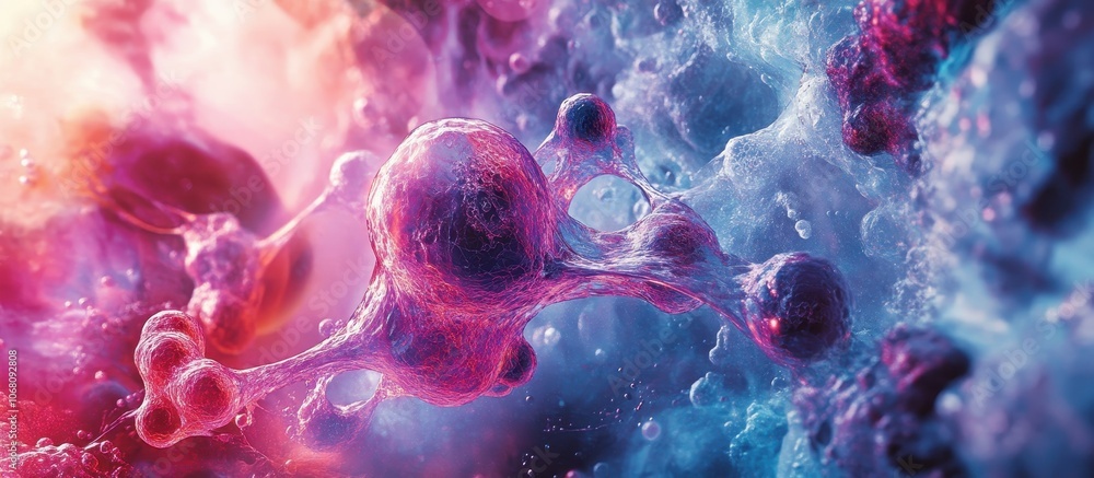 Wall mural abstract visualization of colorful molecular structures in a cosmic environment with vibrant pink an