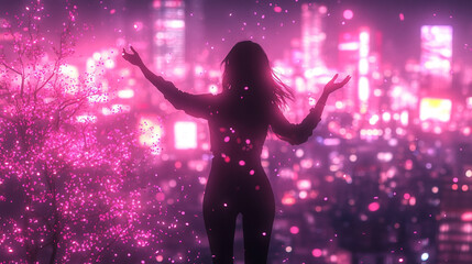 beautiful woman dances confidently at the back of a lively group in a club, radiating joy and freedom in a vibrant social atmosphere