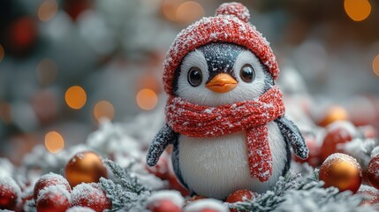 Obraz premium A 4K shot of a Christmas ornament shaped like a festive penguin, complete with a tiny scarf and hat.
