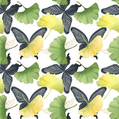 Ginkgo leaves, black Swallowtail butterfly, creamy insect wings seamless pattern isolated on white background. Hand-painted detailed watercolor perfect for textile, scrapbook, wrapping paper, packages