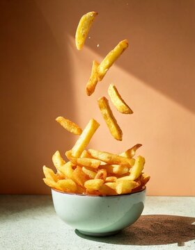 Papas fritas bast&oacute;n volando sobre bowl