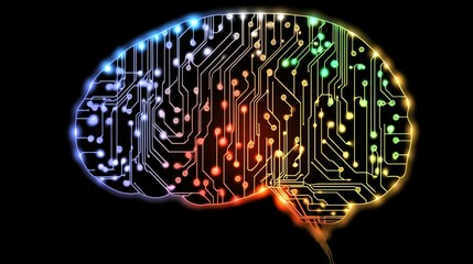 Self-learning AI represented by a colorful digital brain interface.