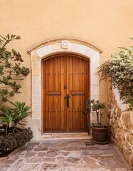 Fototapeta premium Fachada de casa con puerta de madera y plantas