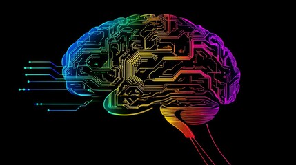 Self-learning AI represented by a colorful digital brain interface.