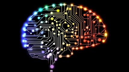 Self-learning AI represented by a colorful digital brain interface.