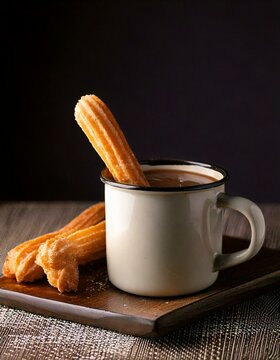 Churros con taza de chocolate caliente