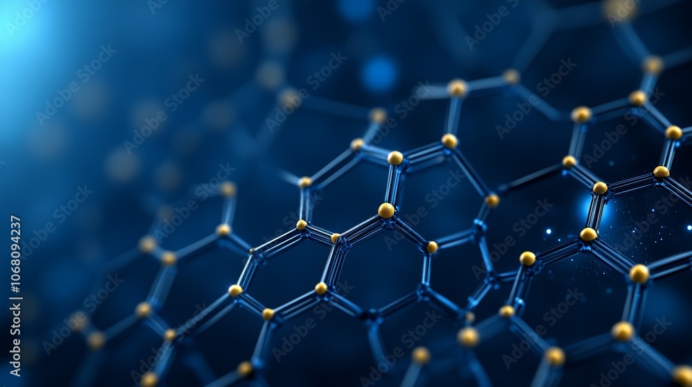 Poster abstract visualization of molecule structure with interconnected bonds on a vibrant blue background