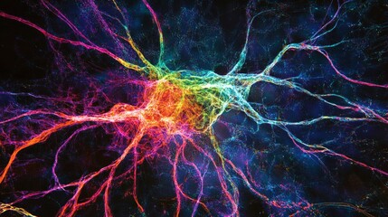 Self-learning AI technology visualized as colorful neural pathways.