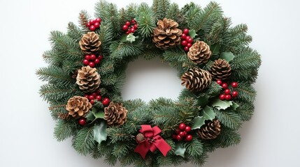A classic green pine wreath with red berries and a bow, floating on a white background.