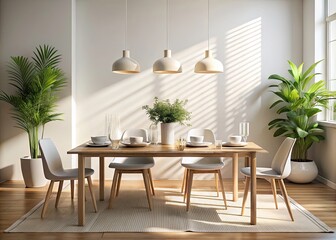 Minimalist Dining Table Setting with Sunlight - Elegant, Simple Design for Modern Interiors, Bright Atmosphere, Long Exposure Capture of Natural Light, Perfect for Dining Room Inspiration