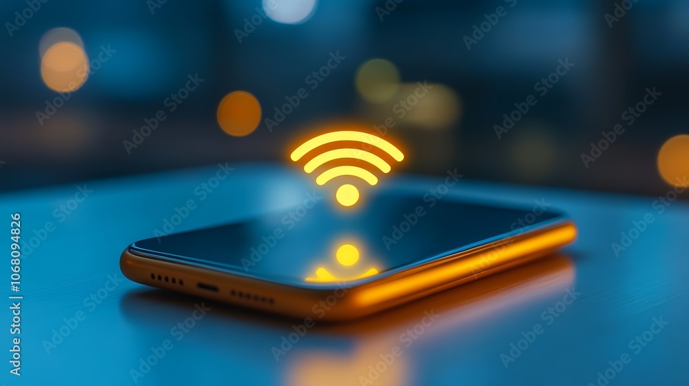 Poster smartphone displaying wifi signal strength indicator bars for wireless network access.