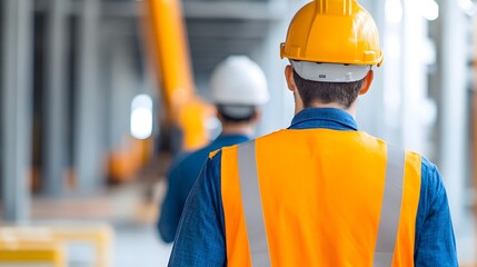 Construction worker in safety gear directing crane operator to carefully lift and position heavy steel beams into place during a building construction project at an industrial work site