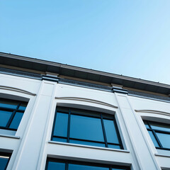 Low angle shot of a facade of a white modern building under a blue