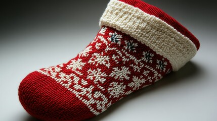 A classic red and white Christmas stocking with a snowflake design, standing out on white.
