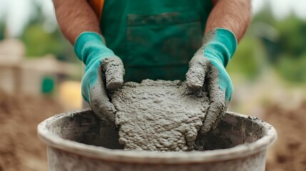 Obraz premium Construction worker in safety vest and gloves pouring freshly mixed concrete into a foundation mold to create an even sturdy layer for a new building or structure Construction site engineering