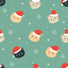 Seamless pattern with cat faces in red Christmas hats. Vector graphics